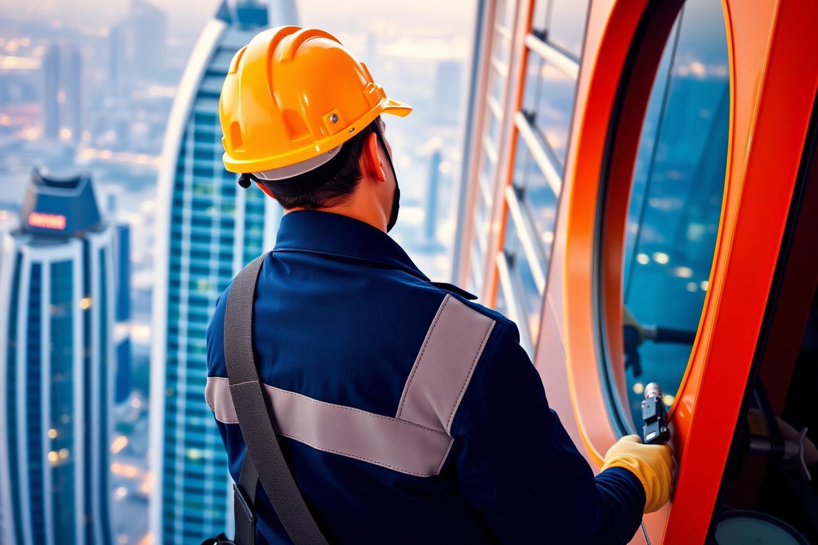 Building maintenance technician working on Dubai high-rise